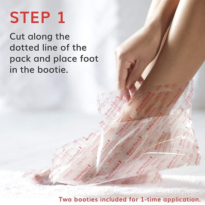 Place one bootie on each foot and secure them with the included adhesive tape