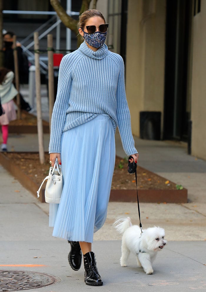 Olivia Palermo walks her dog Mr. Butler in New York City on October 24, 2020