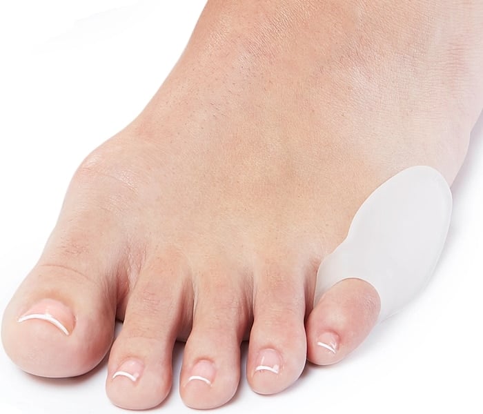 The NatraCure Gel Pinky Toe Bunion Guard provides protection from friction and pressure related to pinky/small toe bunions