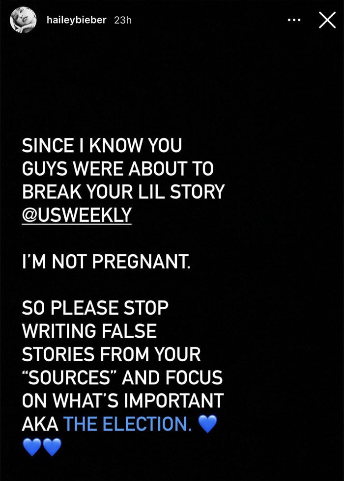 Hailey Bieber shuts down pregnancy rumors via Instagram story on November 5, 2020
