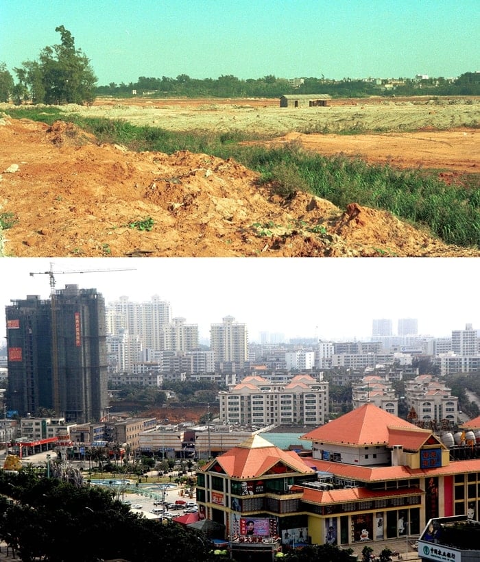 This combo photo shows the financial trade district in Haikou of southernmost China's Hainan Province on March 14, 2008 (bottom) and the same location nearly two decades ago in January 1990. Founded in April of 1988, Hainan special economic zone (SEZ) is one of the five SEZs of China. Over the past two decades, Hainan's economic and social development has made remarkable progress. The appearance of cities and villages has undergone profound changes