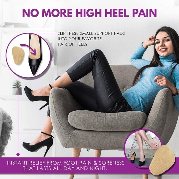 Slip these support pads into your pair of high heels and experience instant relief from foot pain and soreness that lasts all day and night