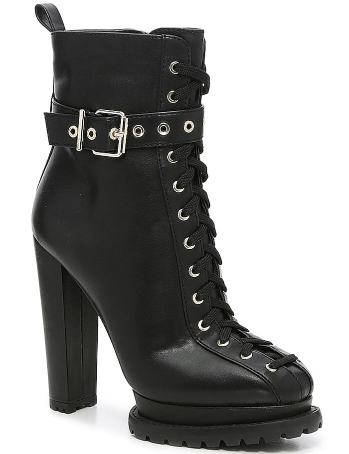 The Jahliah booties feature full-length lacing down to the toe and a wrapped moto strap