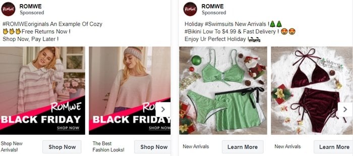 Romwe is a prolific advertiser on Facebook, Instagram, and other social media platforms