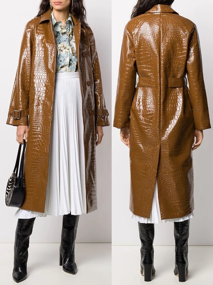 Brown patent trench coat from Saks Potts featuring long sleeves, a classic collar and a printed lining