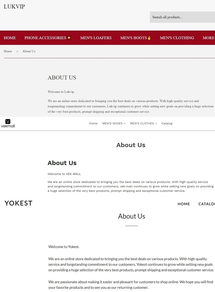 Vekmall, Lukvip, and Yokest appear to be operated by the same company