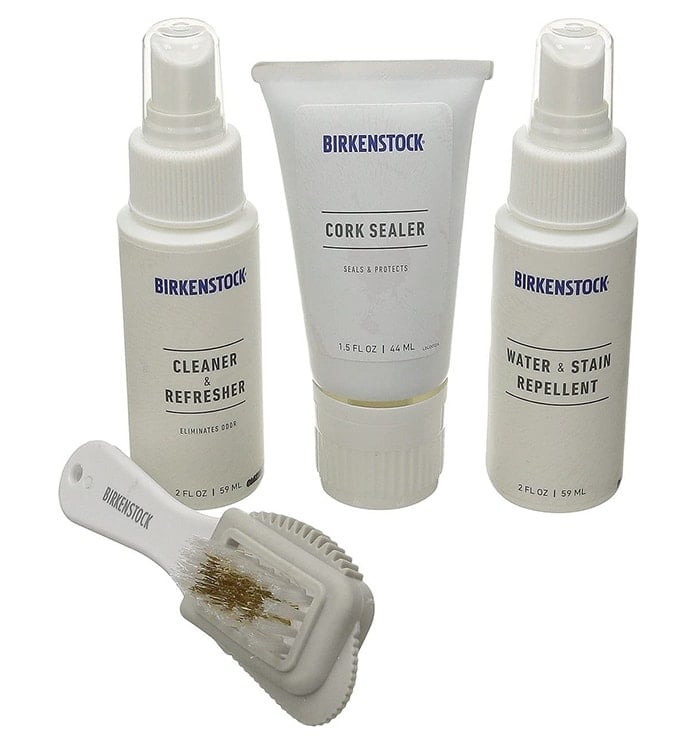 Keep your Birkenstock footwear looking as good as it feels with this convenient kit including water- and stain-repellent, cork sealer, brush and scuff eraser, and cleaner and refresher