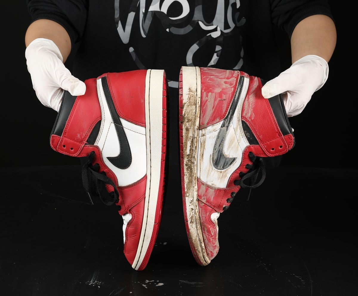Red and white Nike high-top sneakers before and after cleaning
