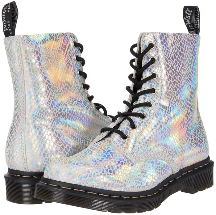 These festival-ready boots have been crafted from suede foiled with a metallic snake pattern, and kitted out with brushed silver trims as well as a scripted heel loop and sock liner