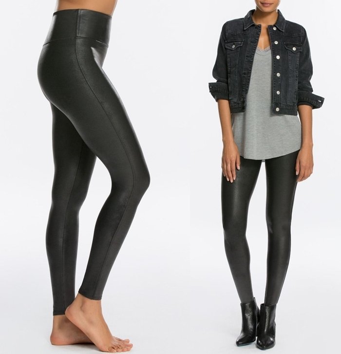 Discover the ultimate combination of comfort and style with these faux leather leggings, featuring a contoured power waistband that not only ensures a flat gut but also enhances your curves, giving you a stunningly flattering silhouette and a fabulous posterior