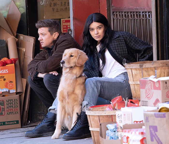 Hailee Steinfeld and Jeremy Renner filming Marvel's Hawkeye Disney Plus series in New York City on December 3, 2020