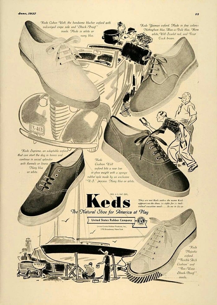 Keds shoes had a soft rubber sole and became known as sneakers as the rubber soles allowed 