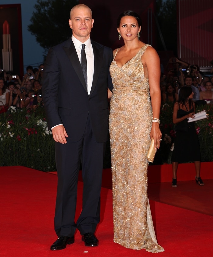 Wearing a sequined Gustavo Cadile dress, Luciana Damon joined her husband Matt Damon at the "Contagion" premiere