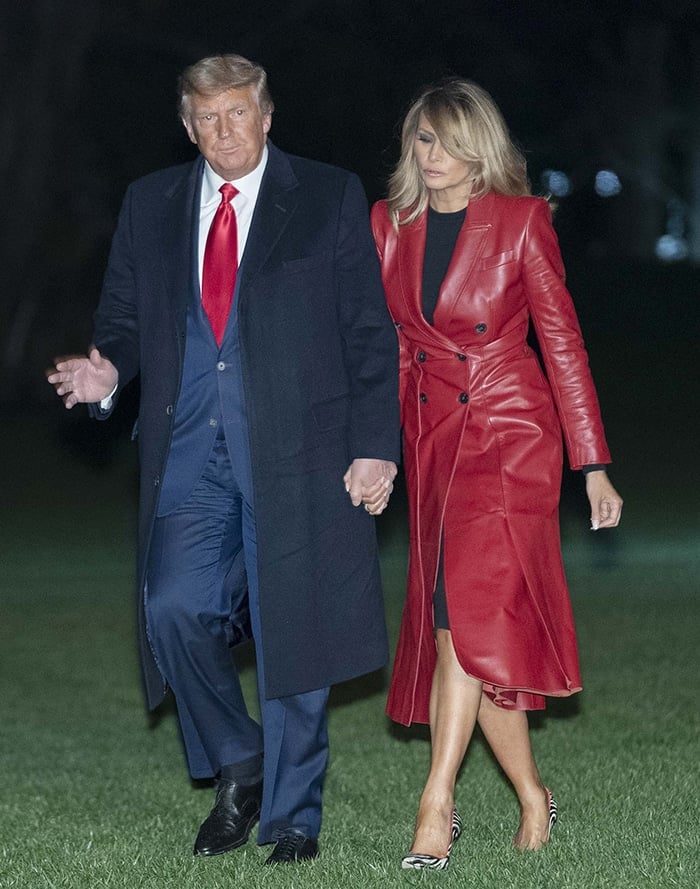 Melania Trump looks sensational in a red leather Alexander McQueen coat