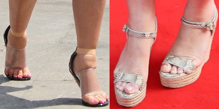 Pregnant celebrities Kim Kardashian (L) and Myleene Klass (R) show off their feet