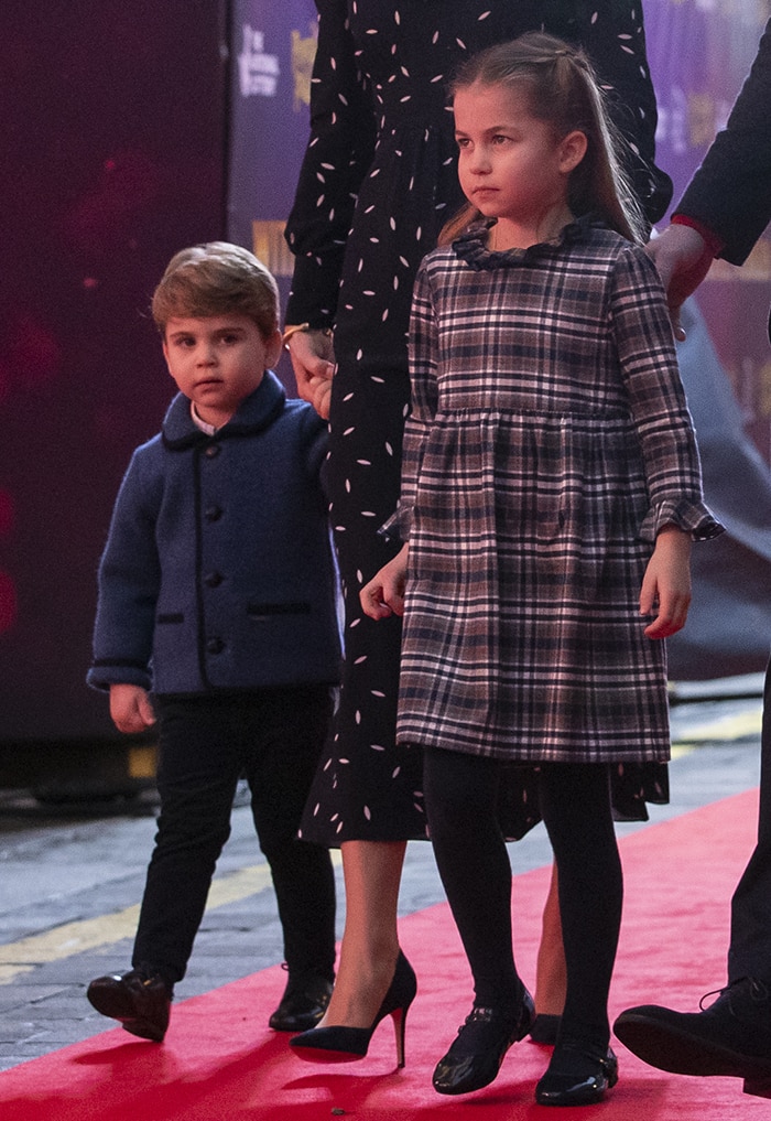 Princess Charlotte in Nicoletta Fanna babydoll dress and PePe shoes and Prince Louis in hand-me-down Amaia jacket