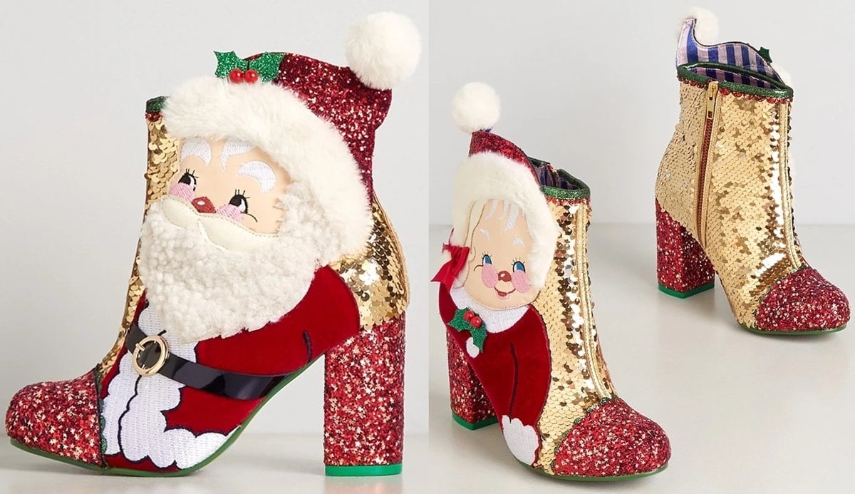 These glittery sparkle boots by Irregular Choice feature intricately detailed Santa and Mrs. Clause appliques at each bootie