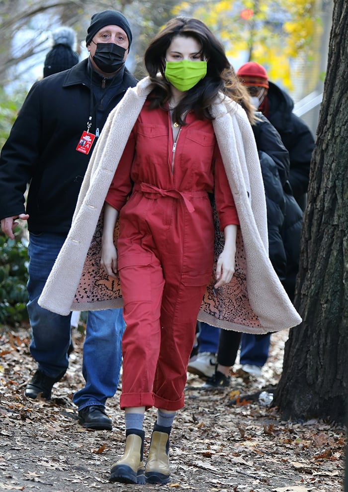 Selena Gomez arrives on the set of Only Murders in the Building in a red utility jumpsuit