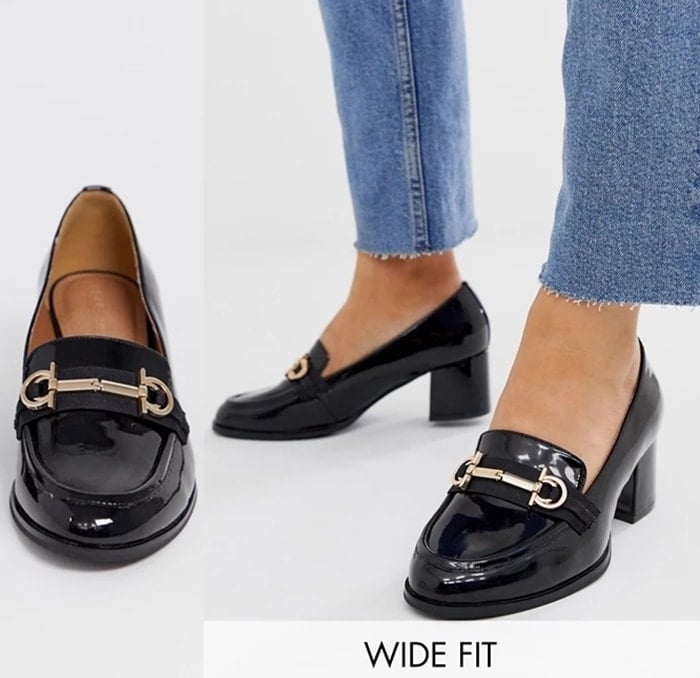 Wide fit mid-heeled ASOS loafers in black patent