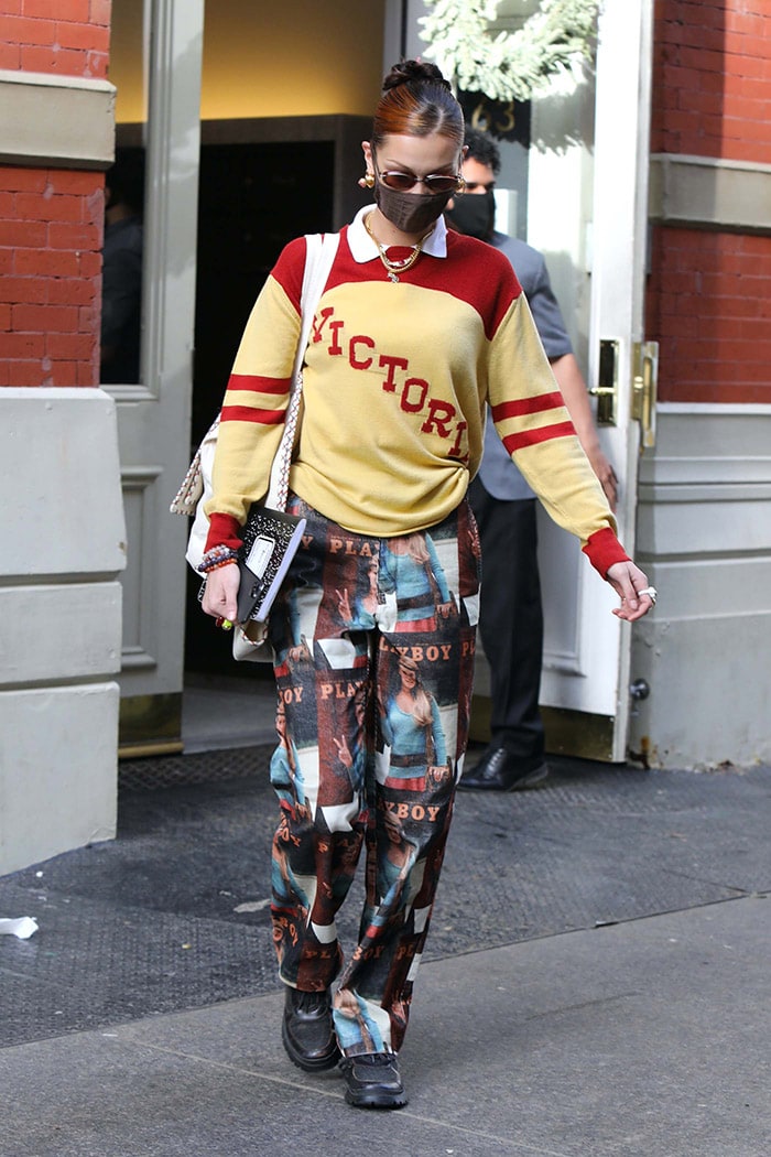 Bella Hadid goes for '90s collegiate look with Bode Victoria college sweater