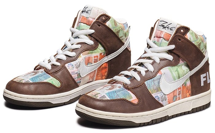 The Nike Dunk High Pro For the Love of Money features currencies designed by Futura