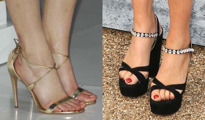 Jennifer Lawrence (left) wears way too big shoes, while Suki Waterhouse (right) curls up her toes in her tiny open-toe heels