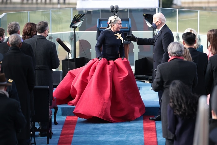 Lady Gaga gets ready to sing the National Anthem during the inauguration of U.S. President-elect Joe Biden