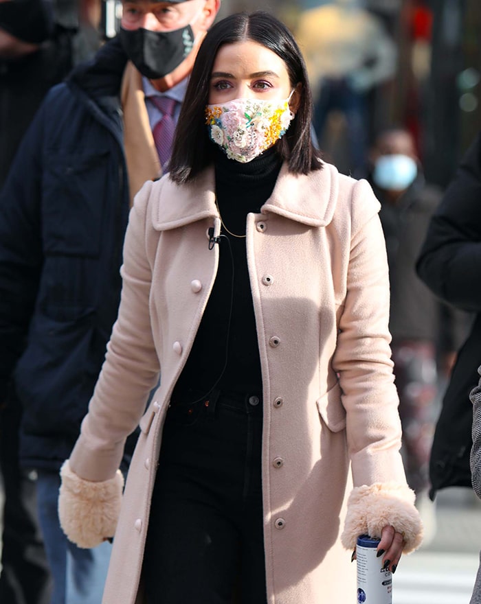 Lucy Hale stays safe in style with Jennifer Behr embroidered floral face mask