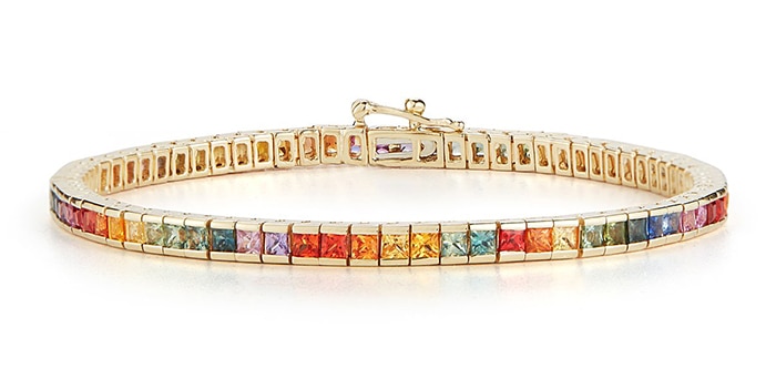 Princess cut vibrant rainbow sapphires set in 14kt yellow gold bracelet