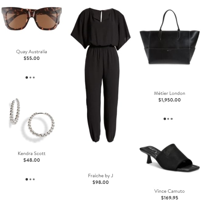 Women's business outfit with classic open-toe slide sandals and a split neck jumpsuit with floaty kimono-style sleeves