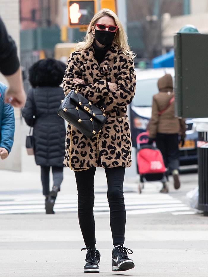 Nicky Hilton braves the New York City weather in Apparis leopard-print fur jacket