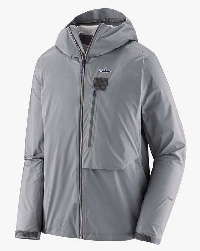 Waterproof, breathable, and lightweight, this jacket features a fly-box pocket, a brimmed hood, and angler-inspired detailing