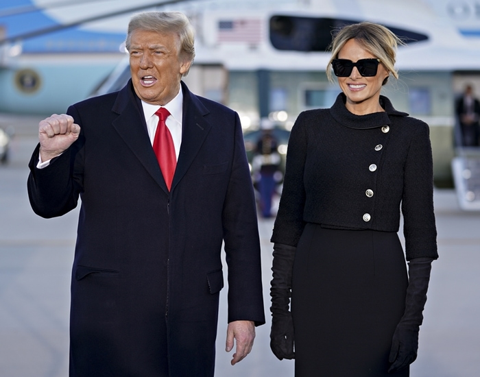President Donald Trump and First Lady Melania Trump at Joint Base Andrews before boarding Air Force One for his last time as President
