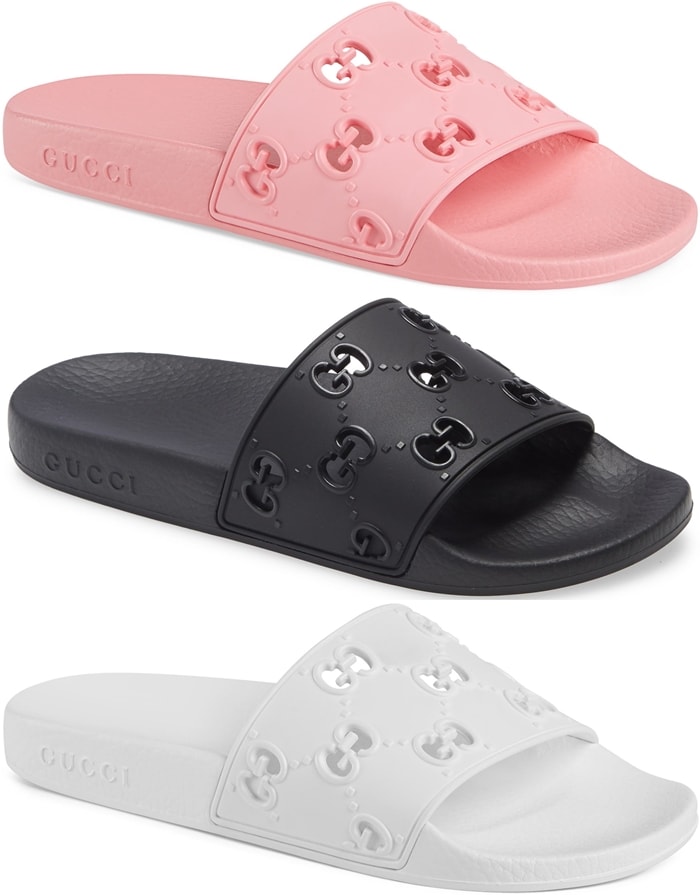 A cutout logo motif makes a cool statement on Gucci's molded rubber sliders that feel comfortable whether you're walking through a sandy beach or a bustling city