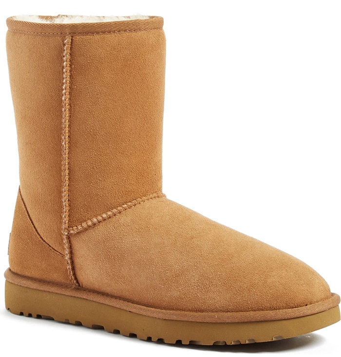 Pretreated to protect against moisture and staining, this timeless UGG boot is comfier and cozier than ever, with a soft lining crafted from genuine shearling
