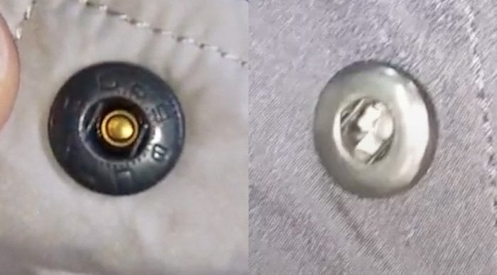 The backside of the buttons on real (left) and fake (right) Columbia jackets