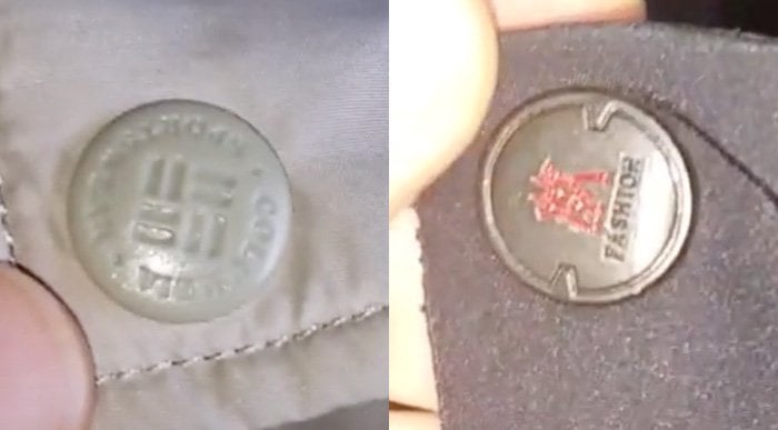 The buttons on a real Columbia jacket (left) and on a fake Columbia jacket (right)