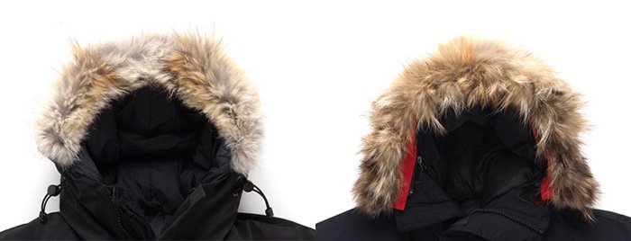 Authentic Canada Goose fur ruffs (left) versus counterfeit fur (right)