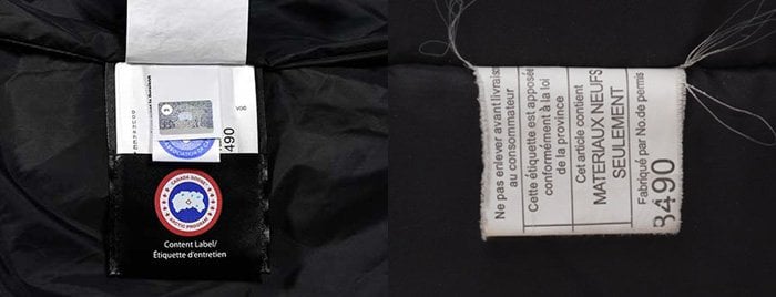 A real Canada Goose jacket (left) has a unique hologram label on the tags, while a fake Canada Goose jacket (right) has none