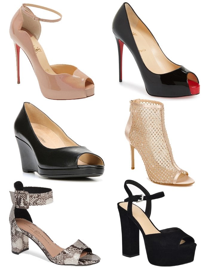 A variety of peep-toe and open-toe shoe silhouettes