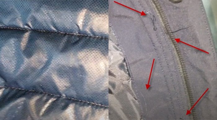 The inside stitchings on a real Columbia jacket (left) and a fake Columbia jacket (right)