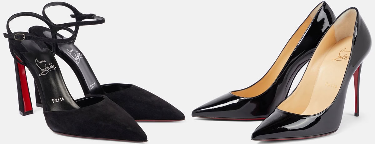 A study in contrast, Christian Louboutin’s Condora Riviera 100 suede slingback pumps introduce an ankle strap and sculptural, angled heel for a modern edge, while the Kate 554 100 pumps embody the brand’s classic aesthetic with a sleek patent finish and a straight, needle-thin stiletto
