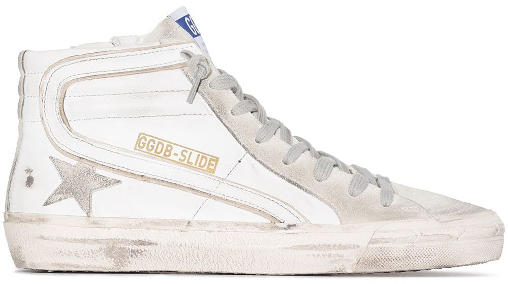 The Golden Goose Slide features the label's signature distressed effect