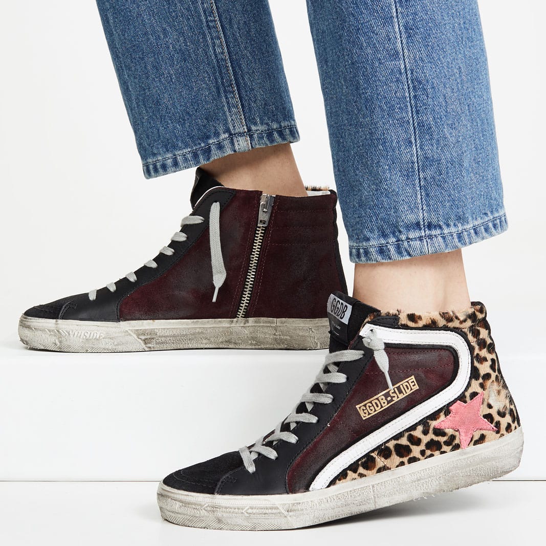 Golden Goose Slide sneakers in animal-printed haircalf with suede and leather cowhide trims