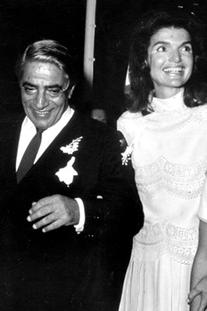 Jackie Kennedy weds Greek shipping magnate Aristotle Onassis in a white Valentino wedding dress in 1968