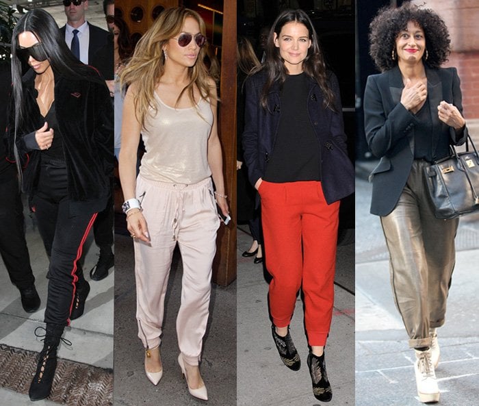 From left to right: Kim Kardashian, Jennifer Lopez, Katie Holmes, and Tracee Ellis Ross wearing trendy jogger pants