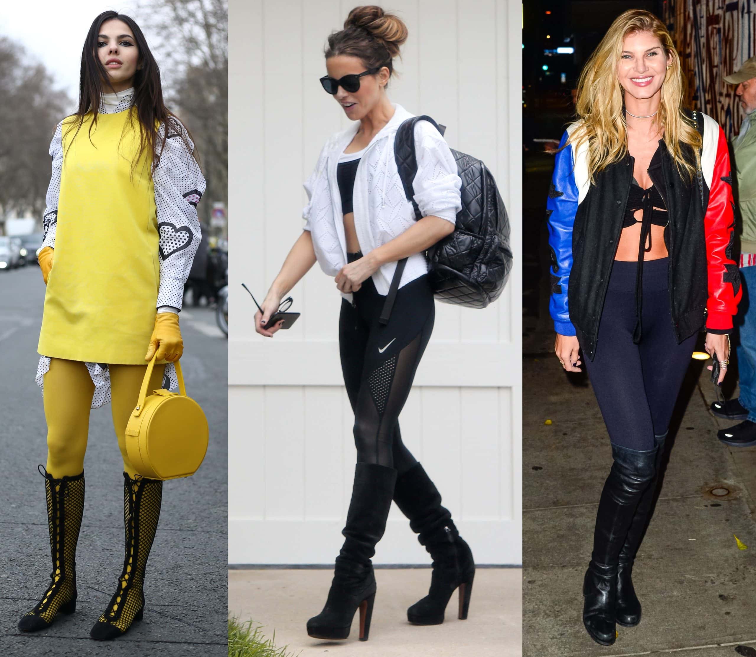 London-based fashion influencer Doina Ciobanu, English actress Kate Beckinsale, and American model Ashley Haas show three ways to wear knee-high boots with leggings