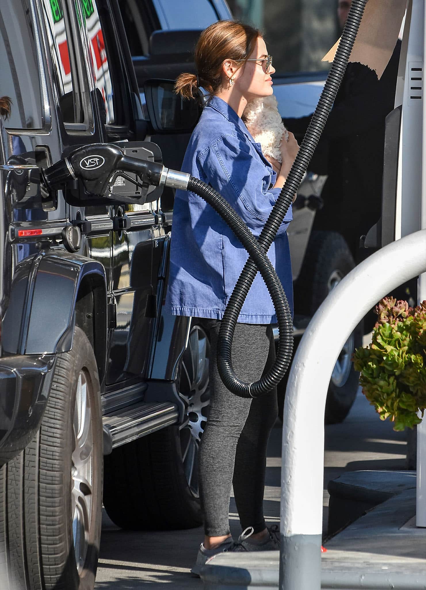 Lucy Hale fills up her car with her new dog at a gas station in Los Angeles on February 10, 2021