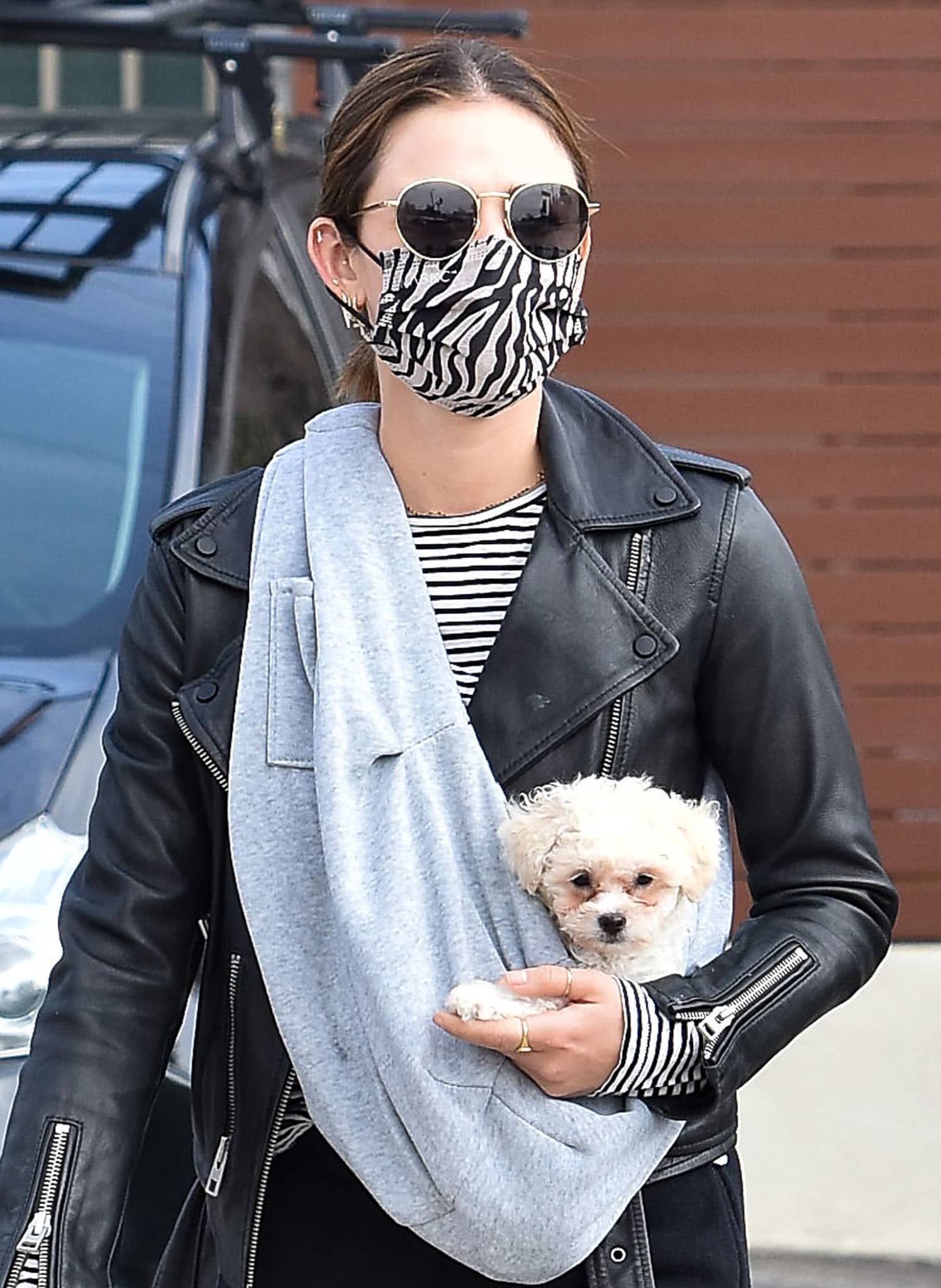 Lucy Hale stays safe with a Maskc zebra-striped face mask