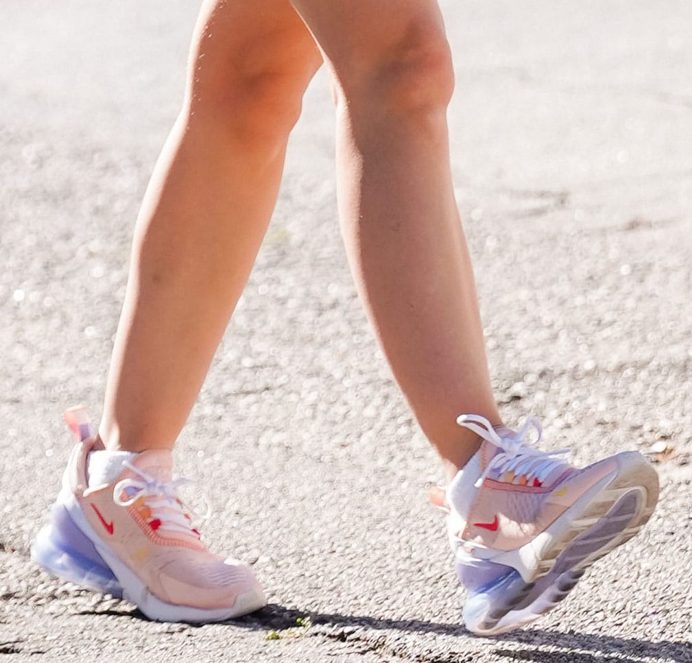 Lucy Hale adds color to her look with Nike Air Max 270 in Washed Coral pastel colorway